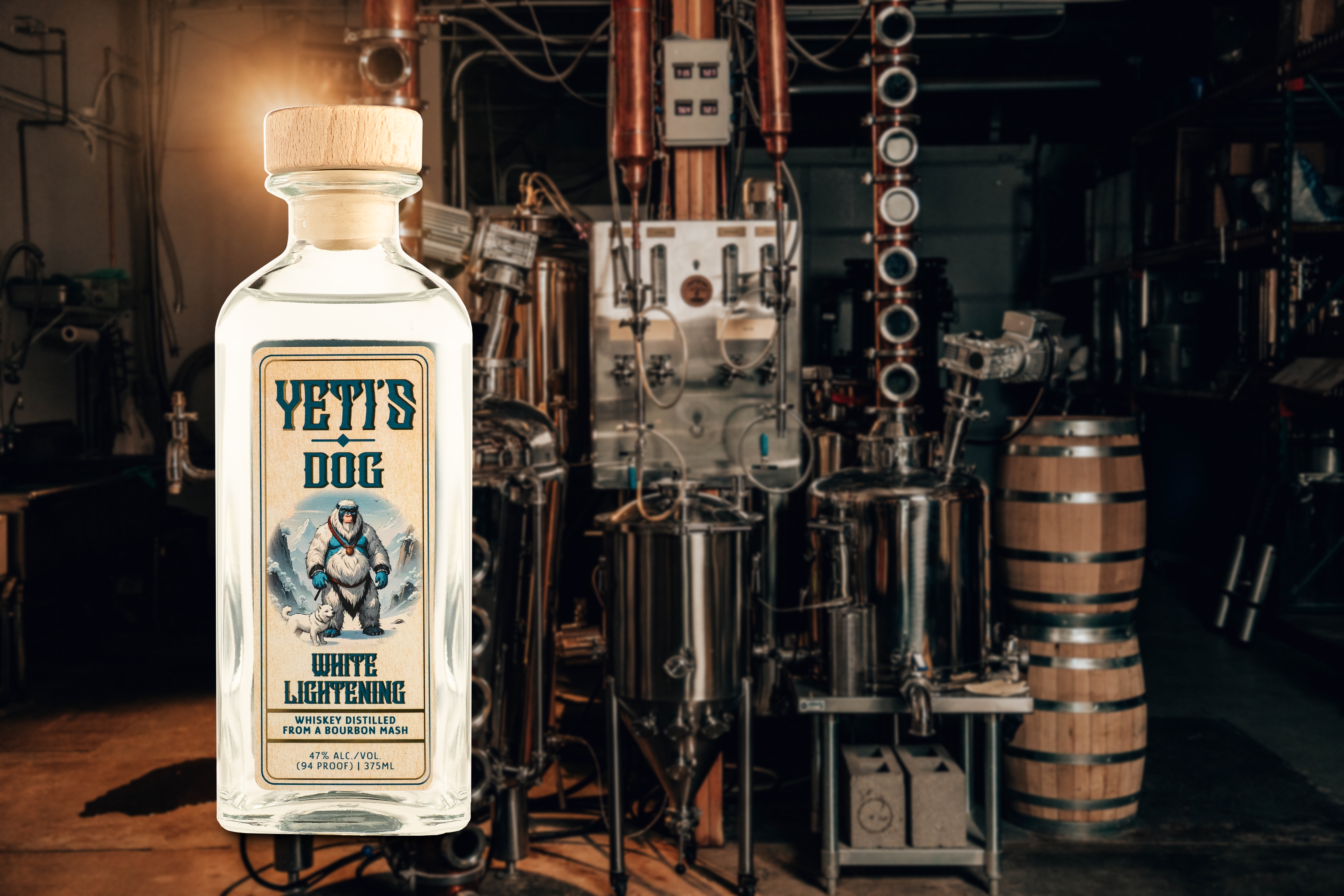 Yeti's Dog White Lightning Whiskey Bottle - Professionally photographed. Distilling equipment behind.
